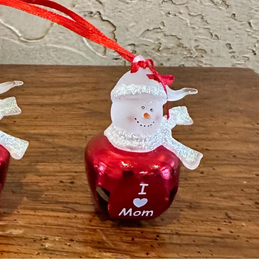 2 Snowman Jingle Bell Christmas Ornaments I Love My Dad & I Love My Mom